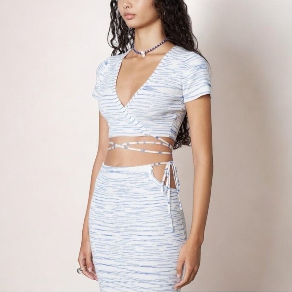 Women's Blue and White Wrap Top and Skirt Set